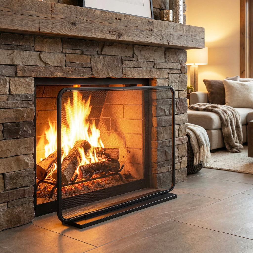 Black Iron Fireplace Screen with Decorative Mesh C68099